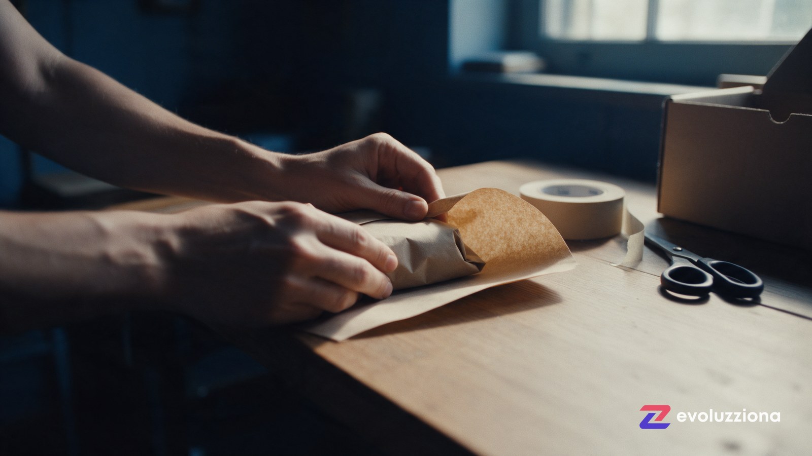 Dos manos envolviendo un pedido en papel kraft sobre una mesa de trabajo