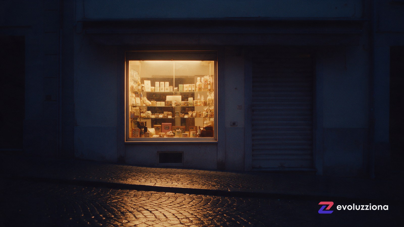 Escaparate iluminado de un comercio cerrado de noche con reflejo cálido en el suelo