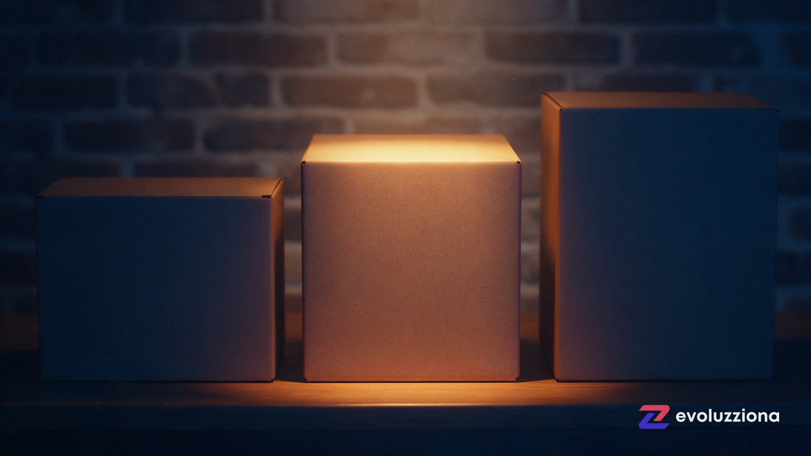 Tres cajas de cartón de tamaños distintos sobre un mostrador con una iluminada