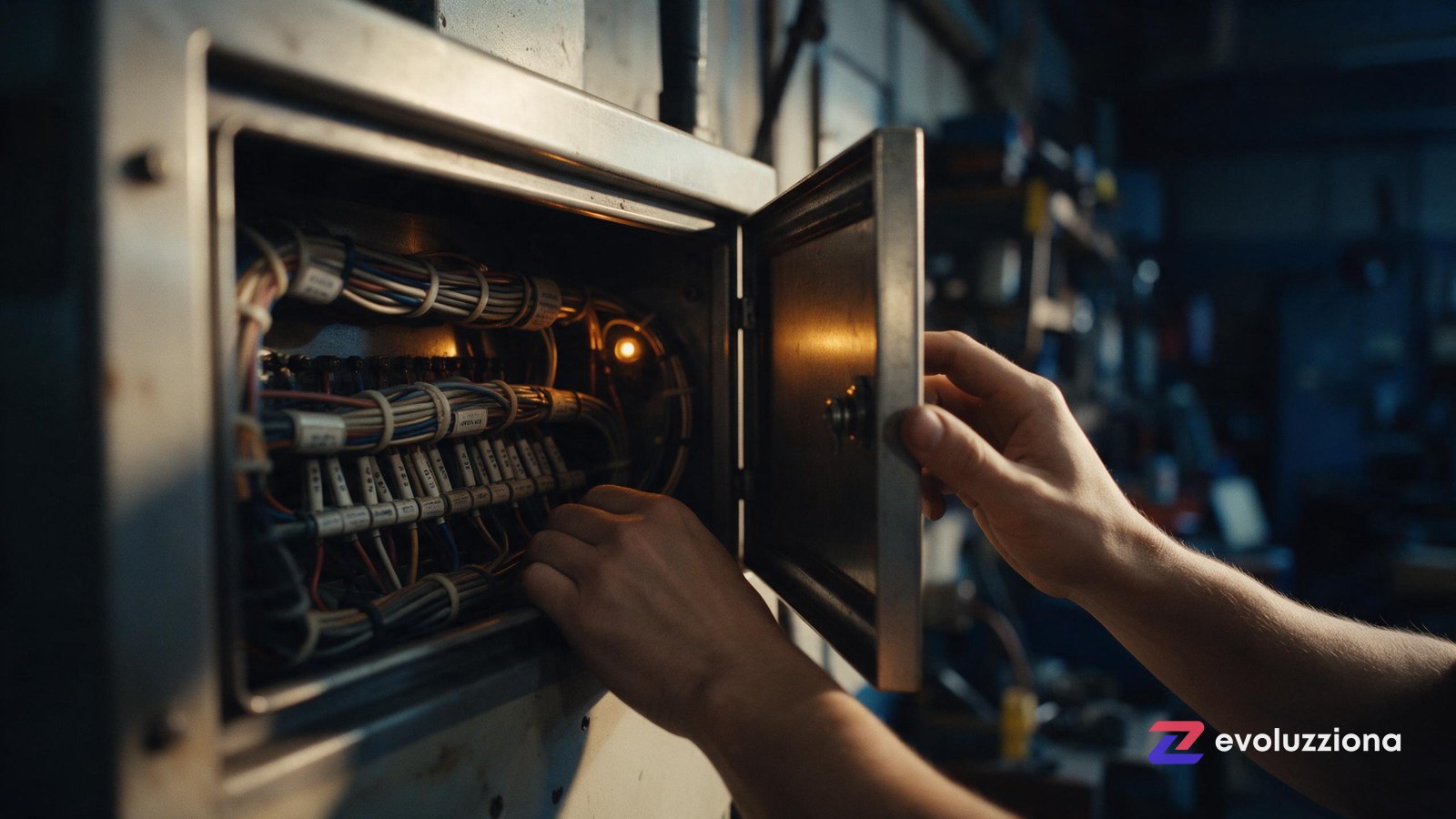 Manos abriendo la tapa de un cuadro eléctrico industrial con cables ordenados y un piloto ámbar encendido