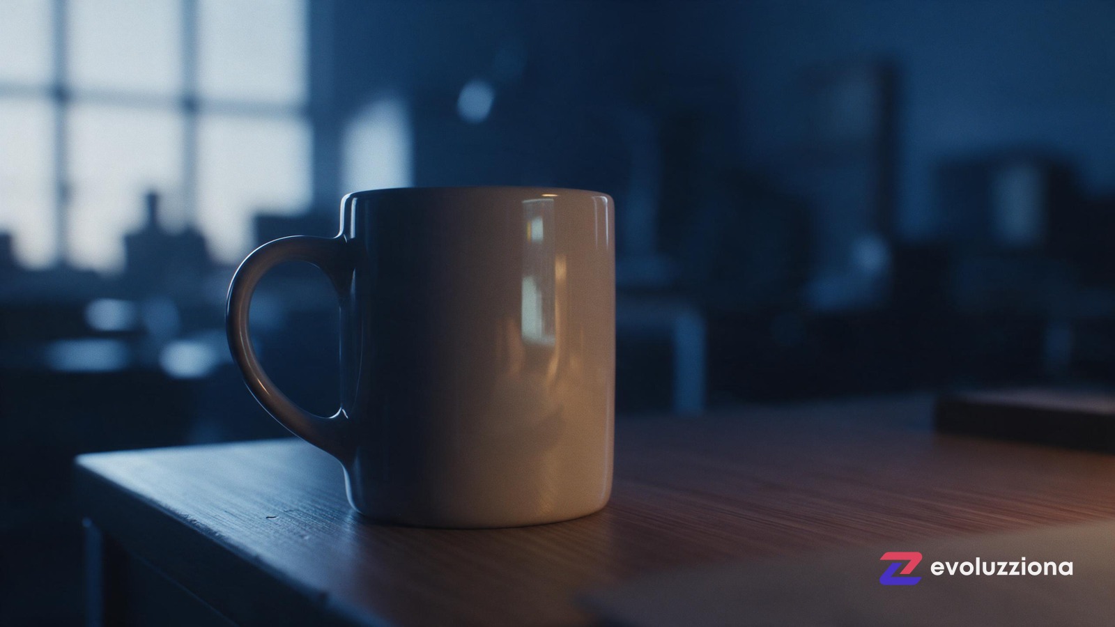 Pantalla de terminal reflejada en una taza de café sobre una mesa de madera en una oficina temprano