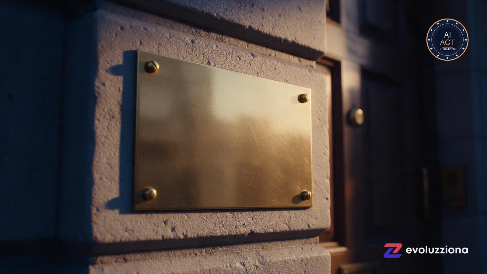Placa de latón pulido junto a la puerta de un despacho con luz cálida rasante