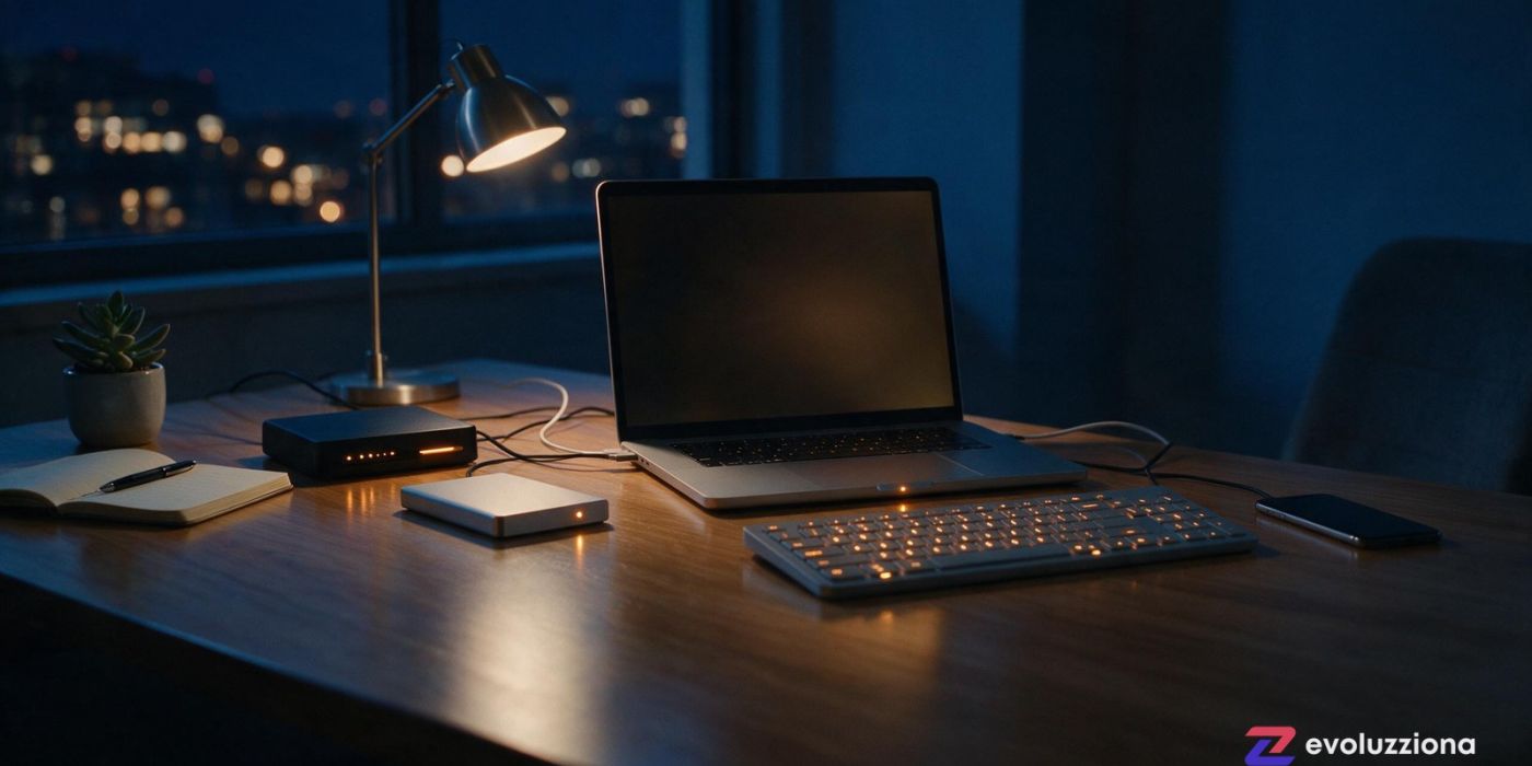Escritorio de noche con pequeños pilotos ámbar de dispositivos que siguen trabajando solos
