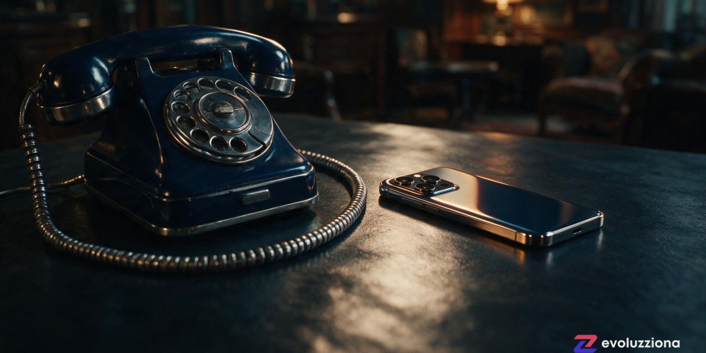 Teléfono de disco antiguo en penumbra junto a un smartphone moderno iluminado en ámbar