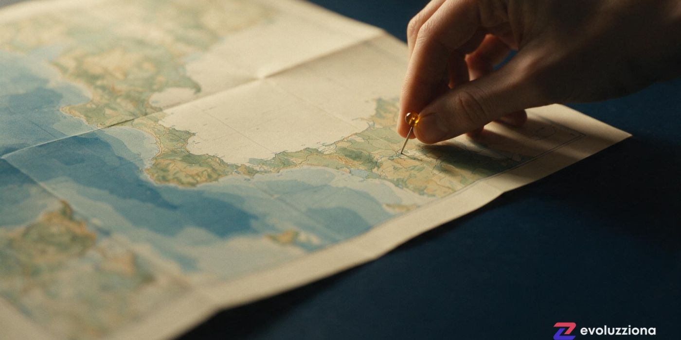Mano colocando una chincheta ámbar sobre un mapa de papel de la costa