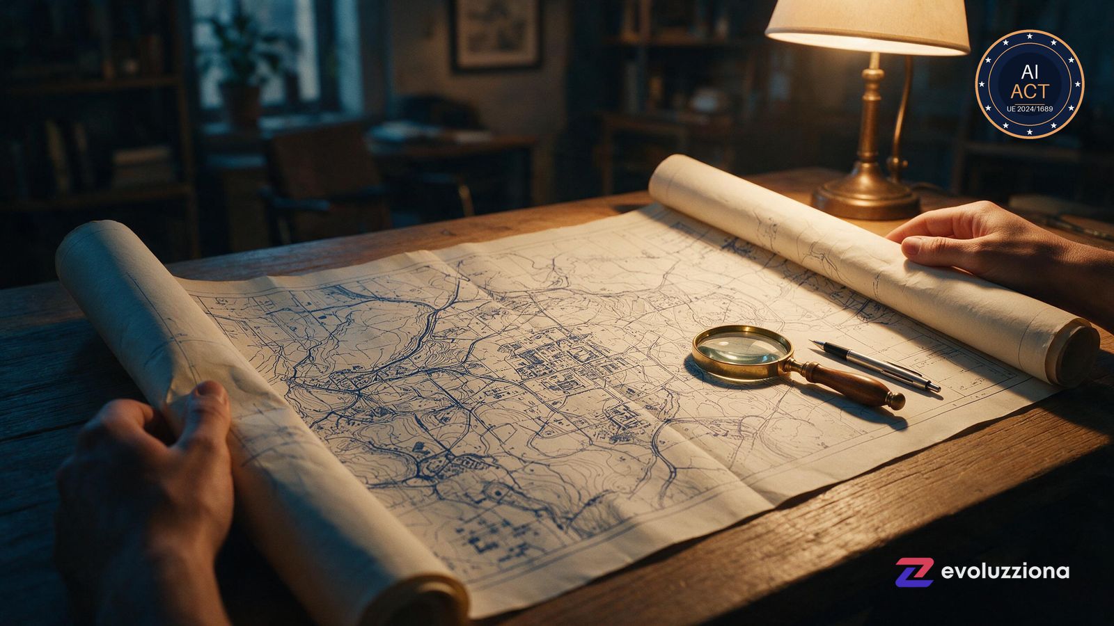 Documento o mapa desdoblándose con una ruta naranja marcando el camino