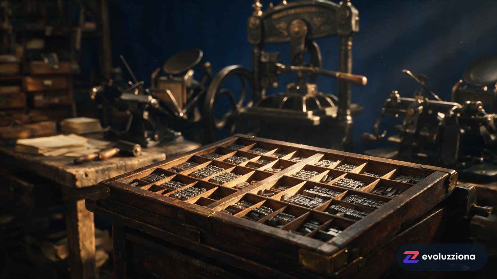 Taller de imprenta antiguo con tipos móviles metálicos bajo luz ámbar