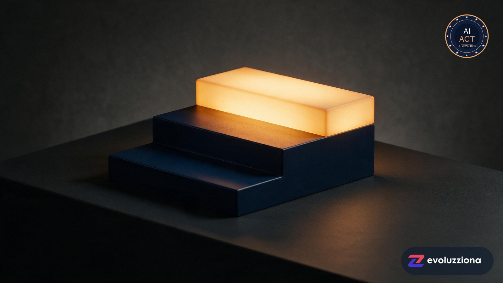 Tres peldaños ascendentes sobre fondo navy con el superior iluminado en ámbar