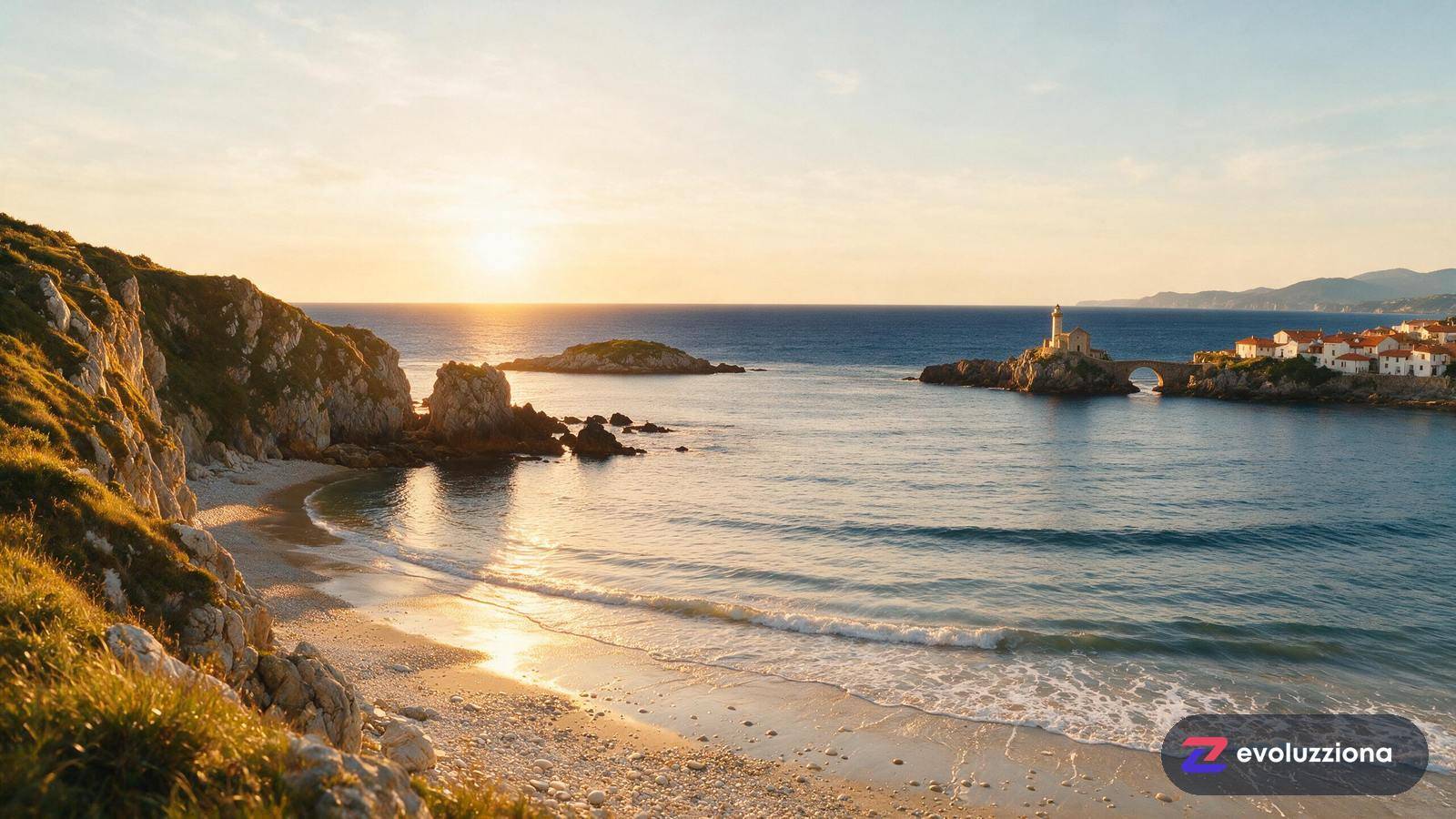 Costa vasca en verano a golden hour con el sol bajo sobre el horizonte