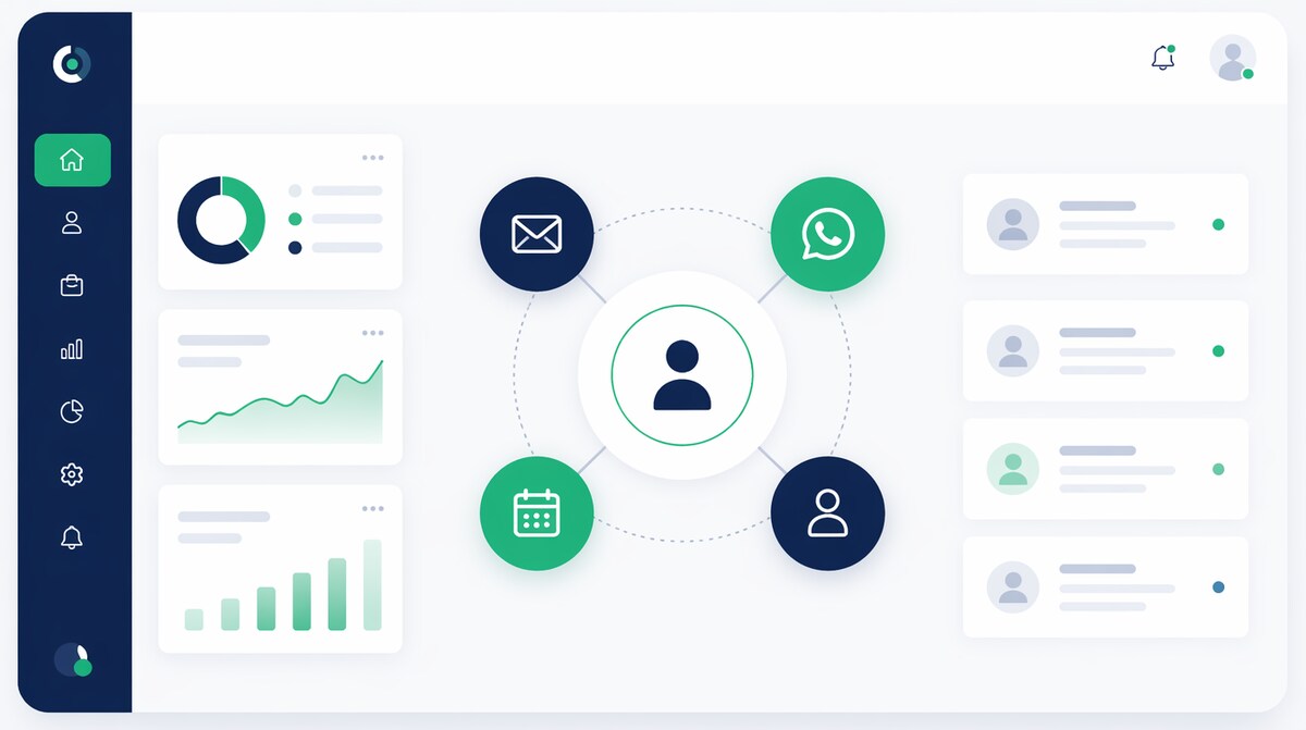 Dashboard de CRM con iconos conectados de email, WhatsApp, cita y lead