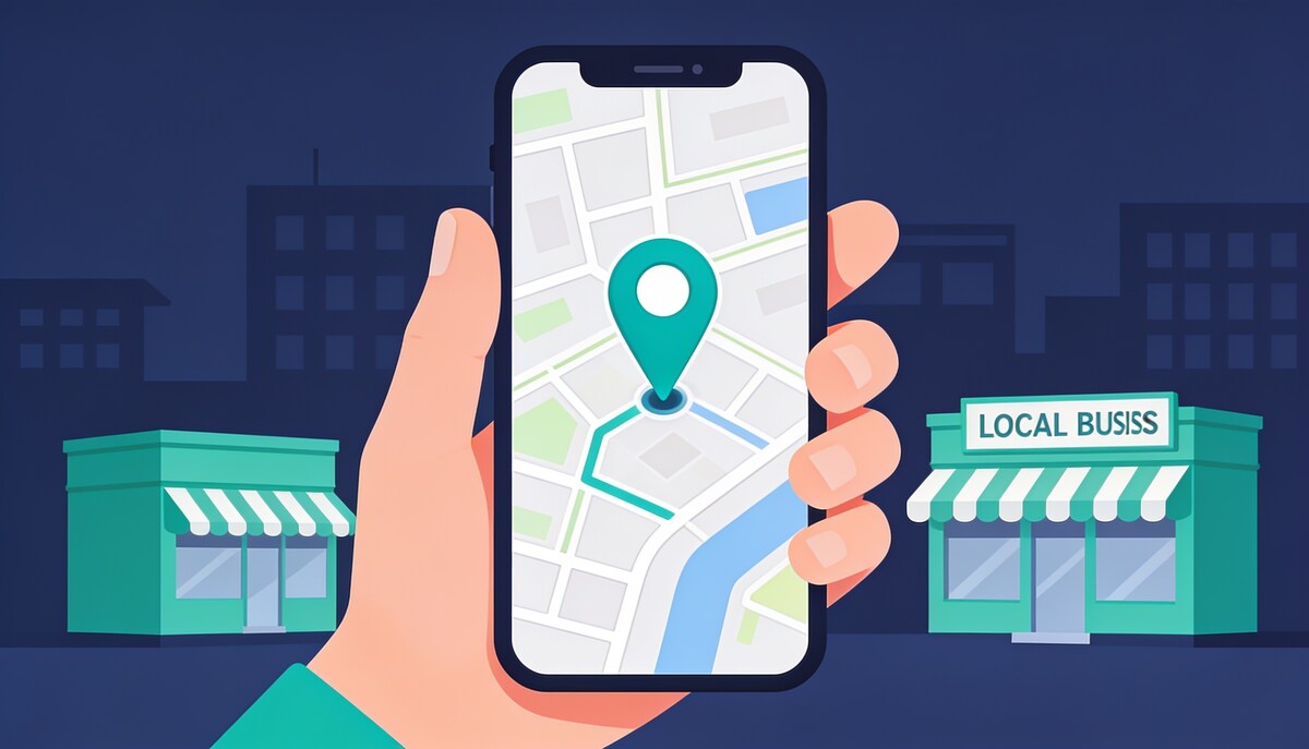 Mano sosteniendo un móvil con un mapa y un pin de ubicación de un negocio local