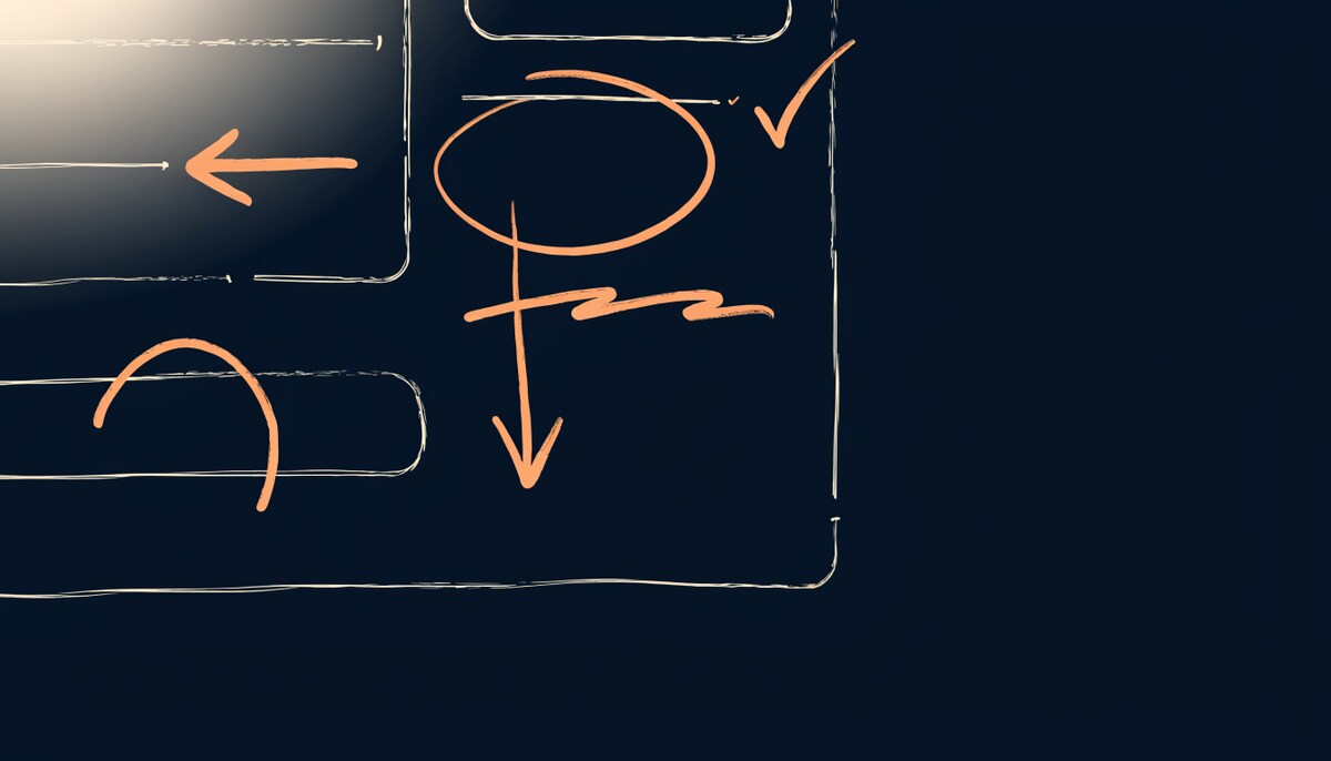 Boceto de wireframe hecho a mano con anotaciones naranja sobre fondo navy