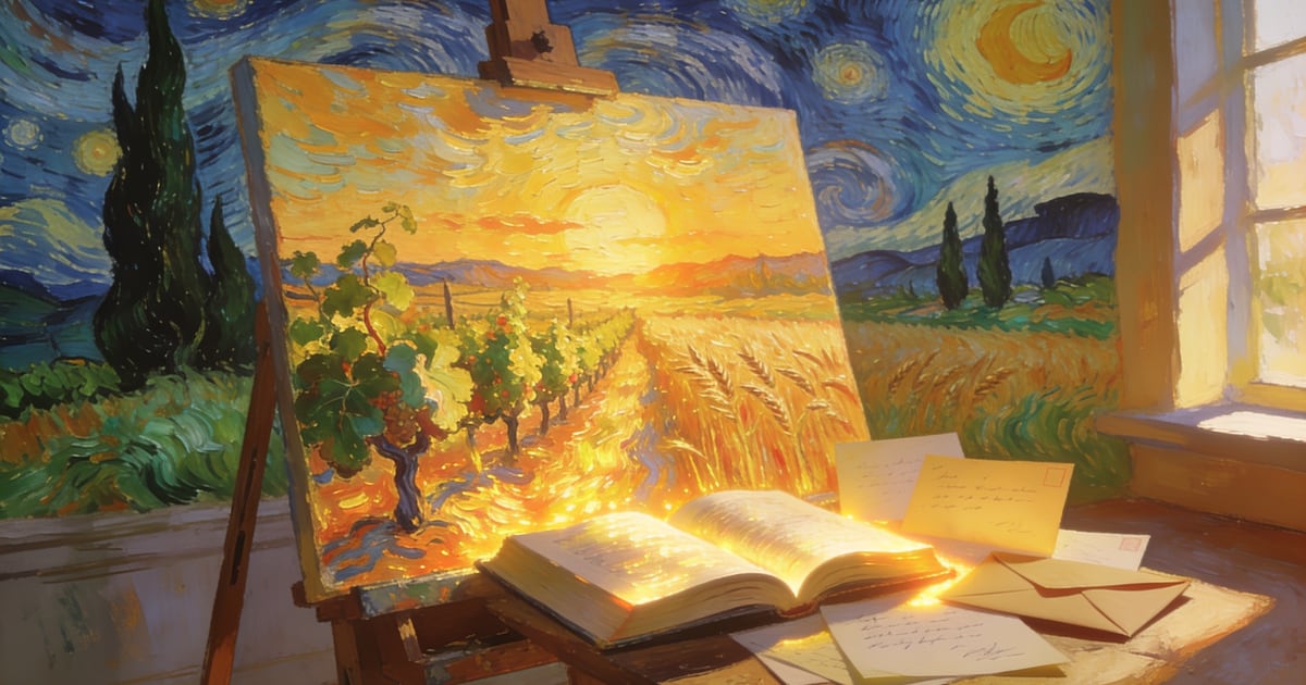 Ilustracion postimpresionista estilo Van Gogh: caballete con un vinedo al atardecer junto a un libro y cartas iluminadas, metafora del marketing que da visibilidad a un gran producto