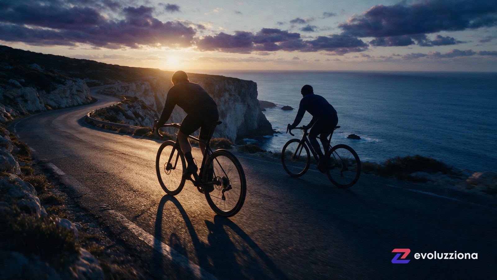 Dos corredores en una pista al amanecer, el de delante con una estela de luz cálida