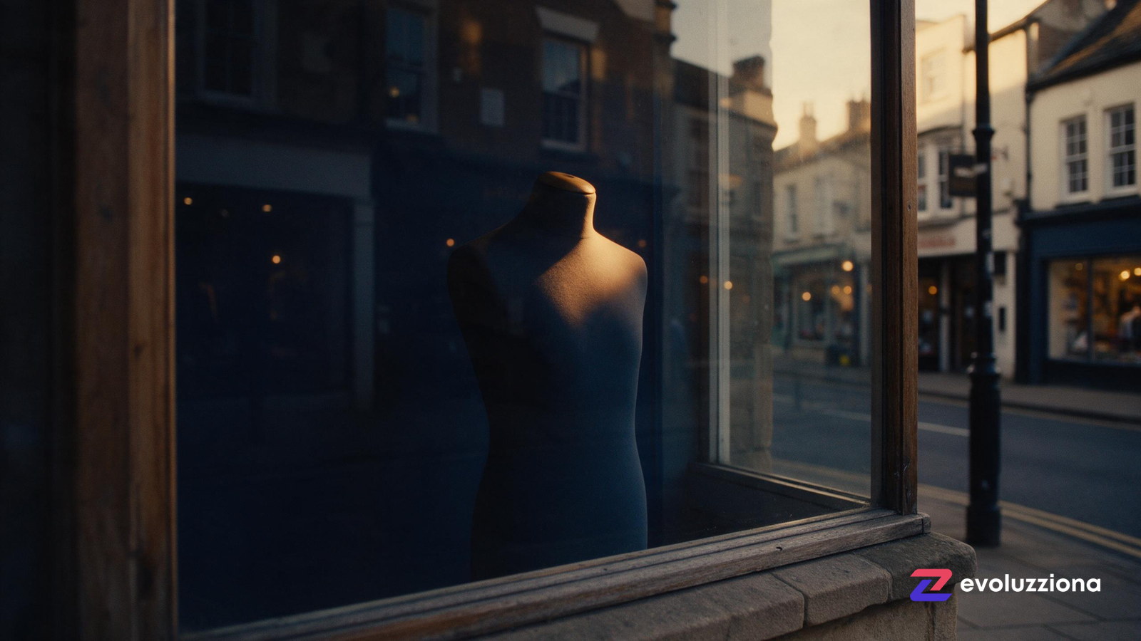 Escaparate antiguo de comercio con la calle reflejada en el cristal y un maniquí iluminado por un foco ámbar