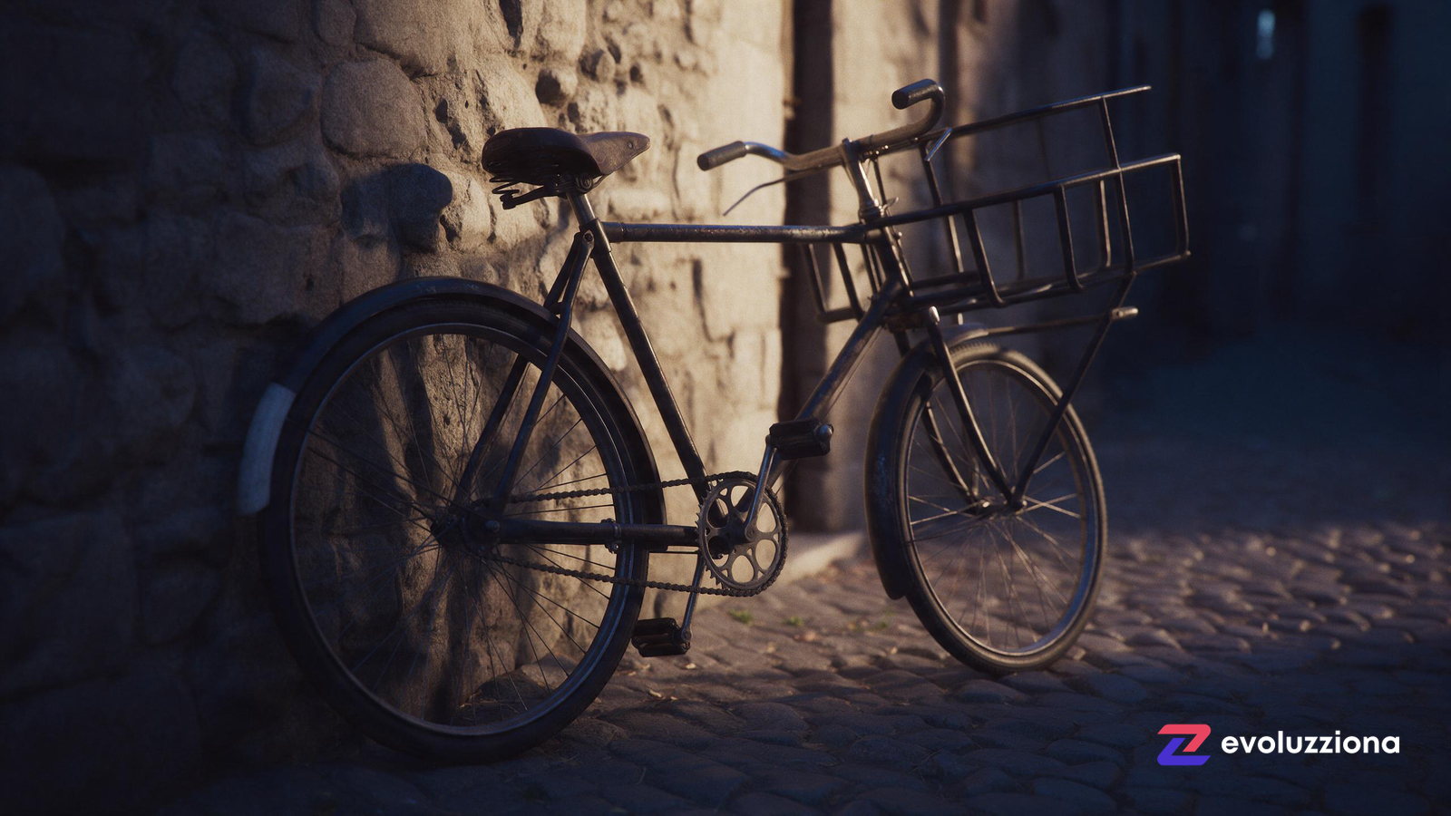 Bicicleta antigua de reparto con cesta apoyada en un muro de piedra bajo luz de tarde ámbar