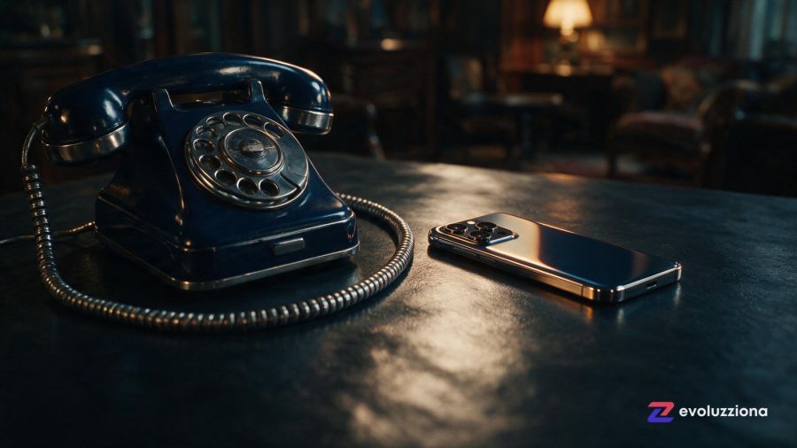 Teléfono de disco antiguo en penumbra junto a un smartphone moderno iluminado en ámbar