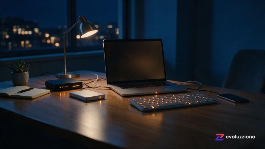 Escritorio de noche con pequeños pilotos ámbar de dispositivos que siguen trabajando solos