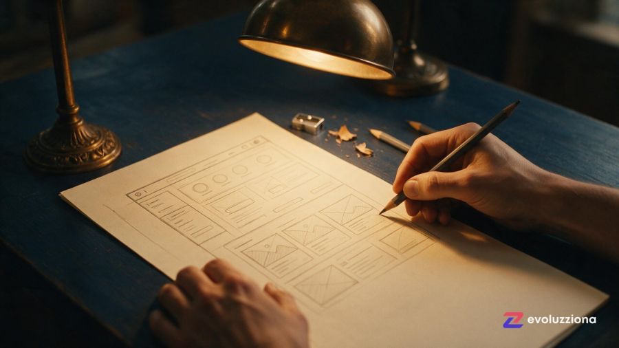 Manos bocetando a lápiz la estructura de una web sobre papel crema bajo un flexo ámbar