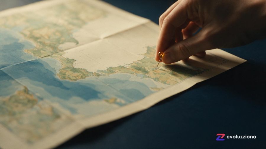 Mano colocando una chincheta ámbar sobre un mapa de papel de la costa